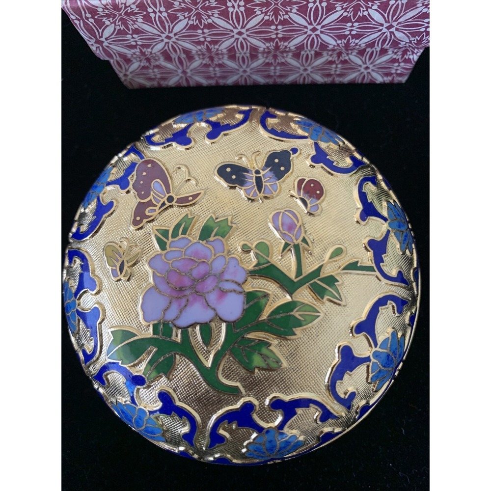 VINTAGE CLOISONNE ENAMEL TRINKET BOX Rose And Butterfly Lilly 3 1/4"